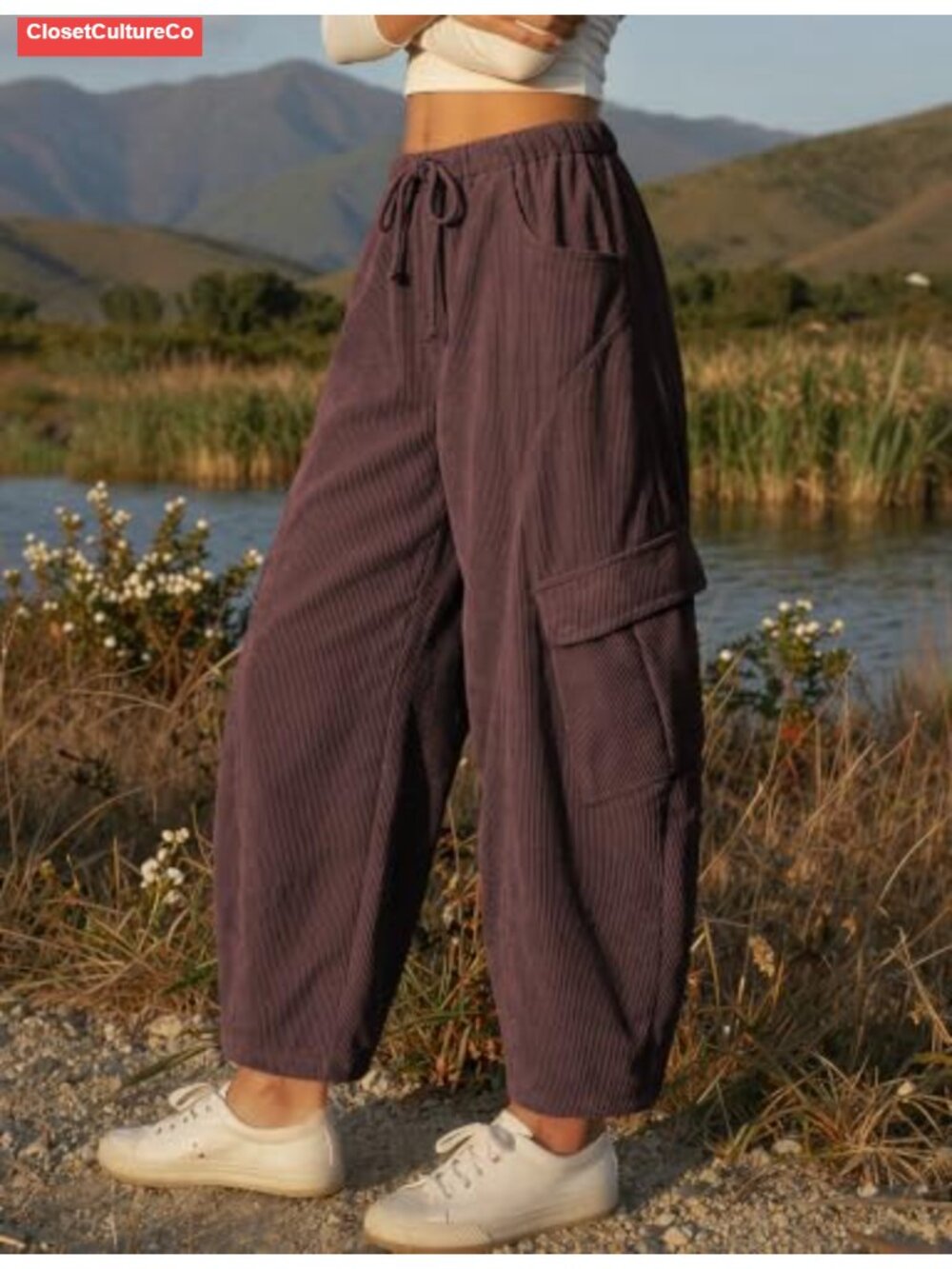 Corduroy Cargo Wide Leg Barrel Pants High Rise Tapered Casual - Picture 4 of 6